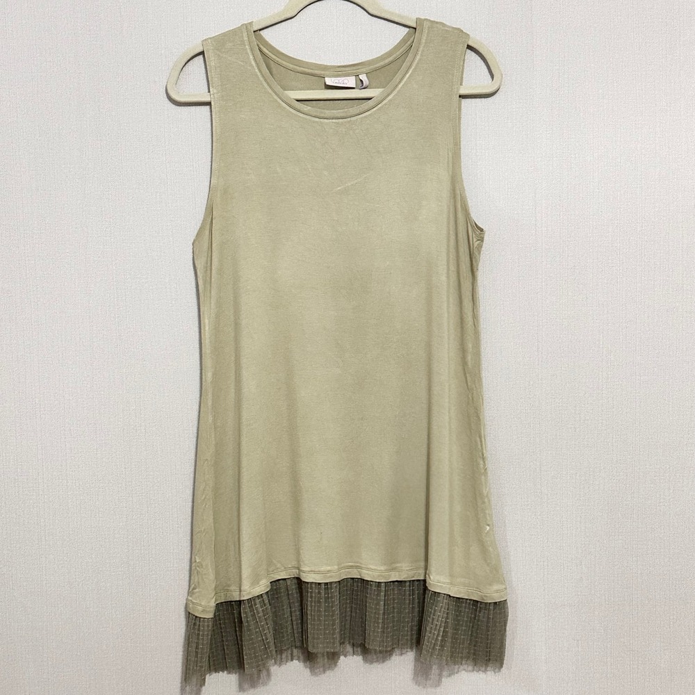 Logo Layers Womens Tunic Top Sleeveless Olive Green Pleated Chiffon Hem Size L